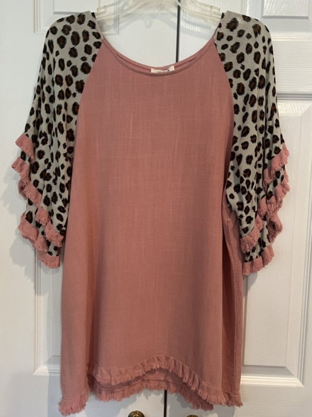 Umgee Oversized M Linen Blend Boho Pink Tunic Top Leopard Bell Sleeves